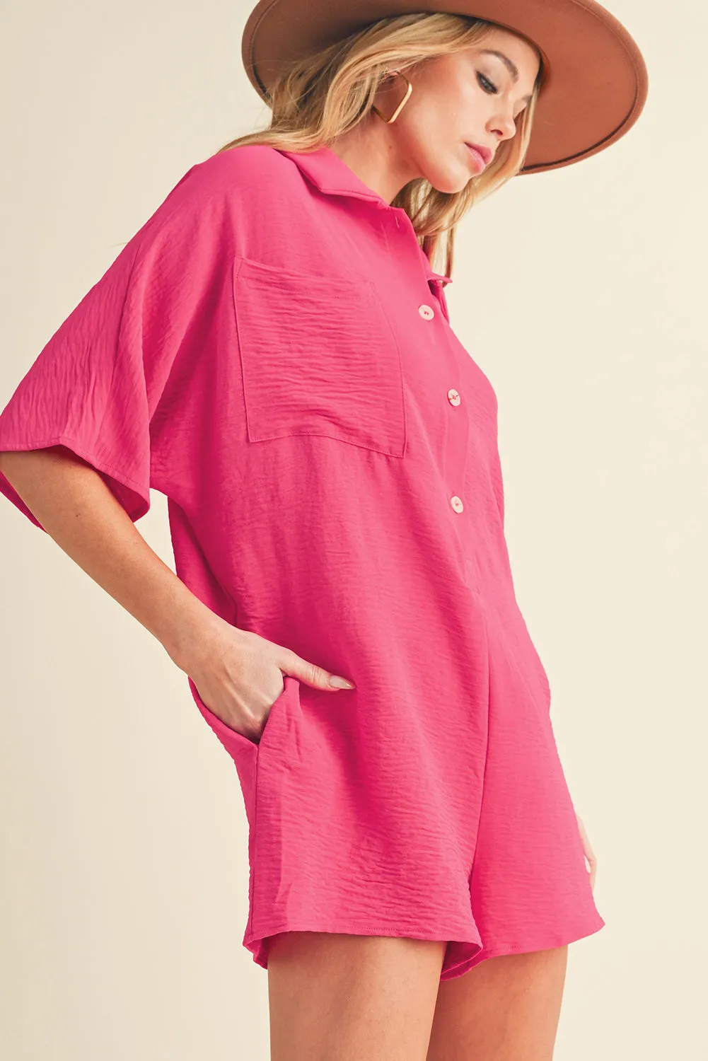 Bright Pink Plain Half Button Collared Pocket Loose Romper sold by Beagle Boutique product image thumbnail 3