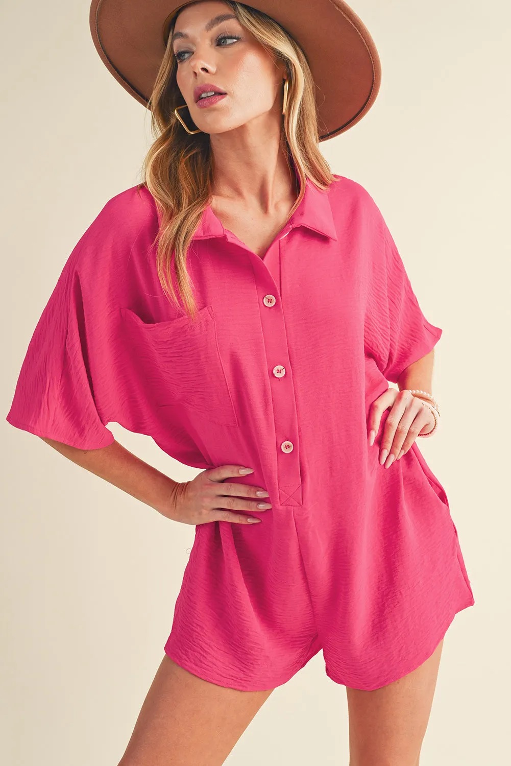 Bright Pink Plain Half Button Collared Pocket Loose Romper sold by Beagle Boutique product image thumbnail 4