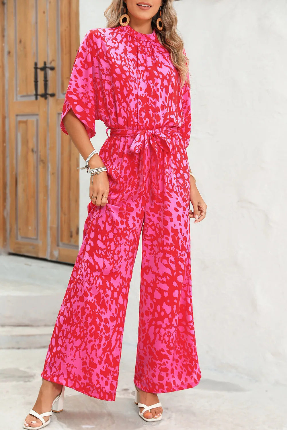 Rose Leopard Print Tulip Sleeve Belted Wide Leg Jumpsuit sold by Beagle Boutique