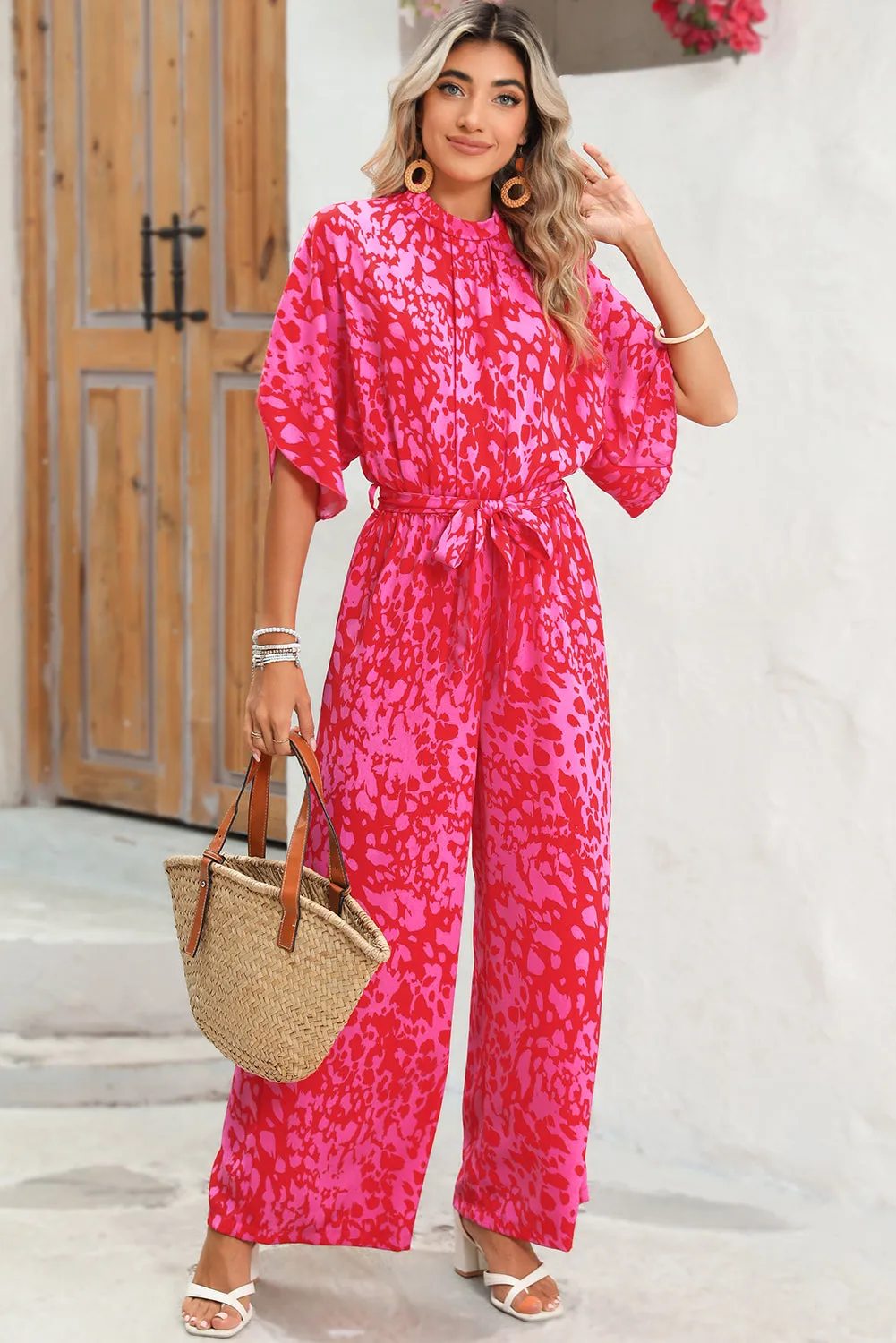 Rose Leopard Print Tulip Sleeve Belted Wide Leg Jumpsuit sold by Beagle Boutique product image thumbnail 5
