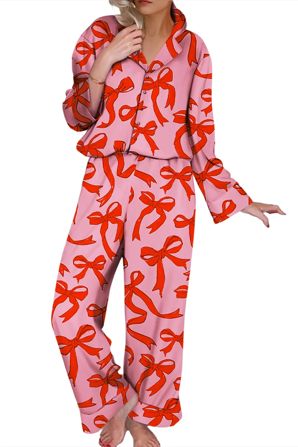Pink Allover Bow Print Button Up and Loose Trousers Pajama Set sold by Beagle Boutique product image thumbnail 2