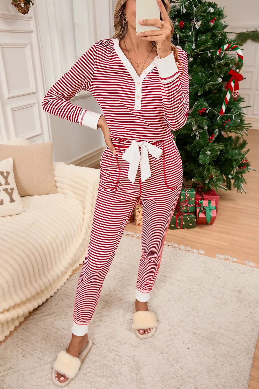 Red Stripe Buttoned V Neck Top and Knotted Waist Trousers Pyjama Set sold by Beagle Boutique
