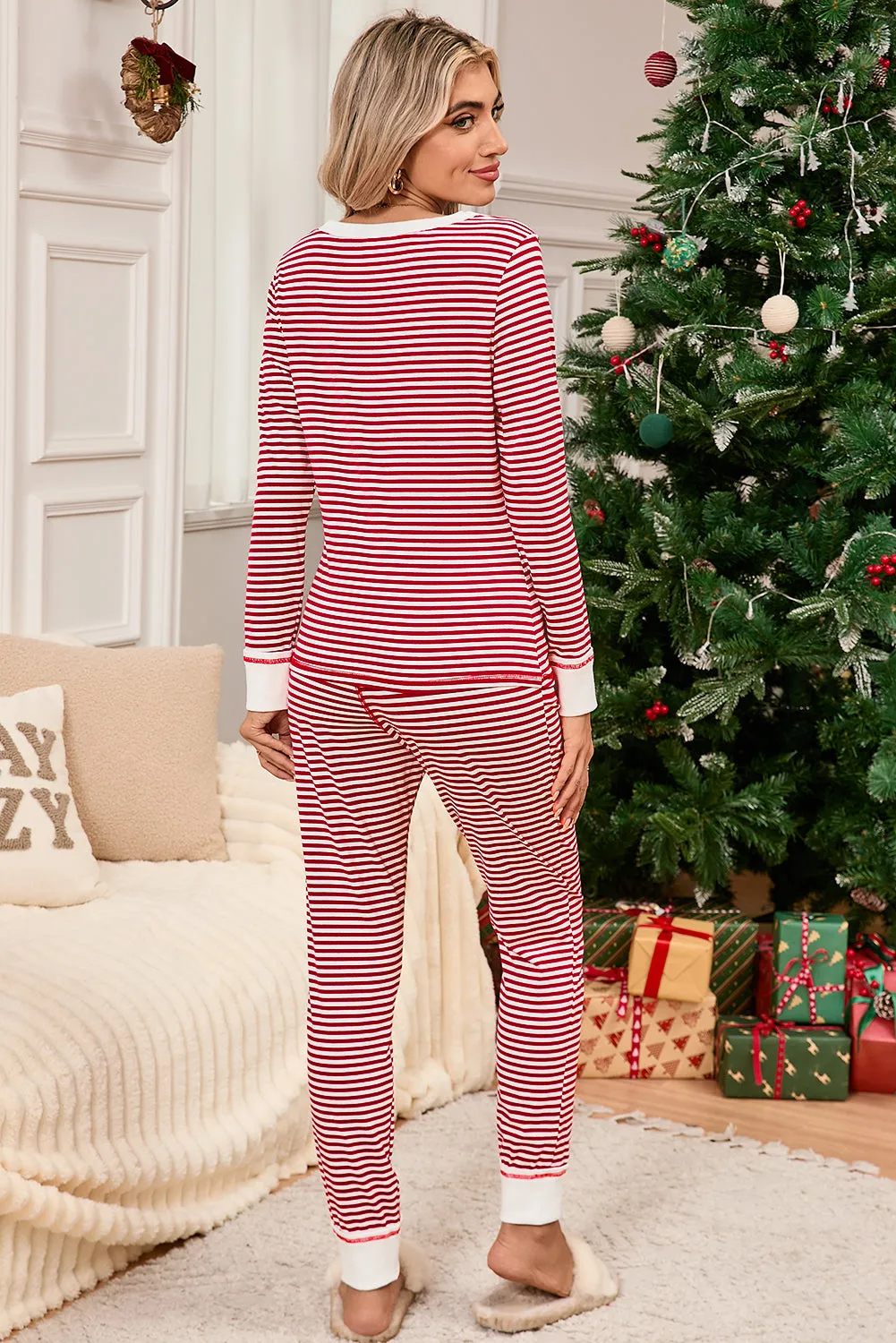 Red Stripe Buttoned V Neck Top and Knotted Waist Trousers Pyjama Set sold by Beagle Boutique product image thumbnail 2