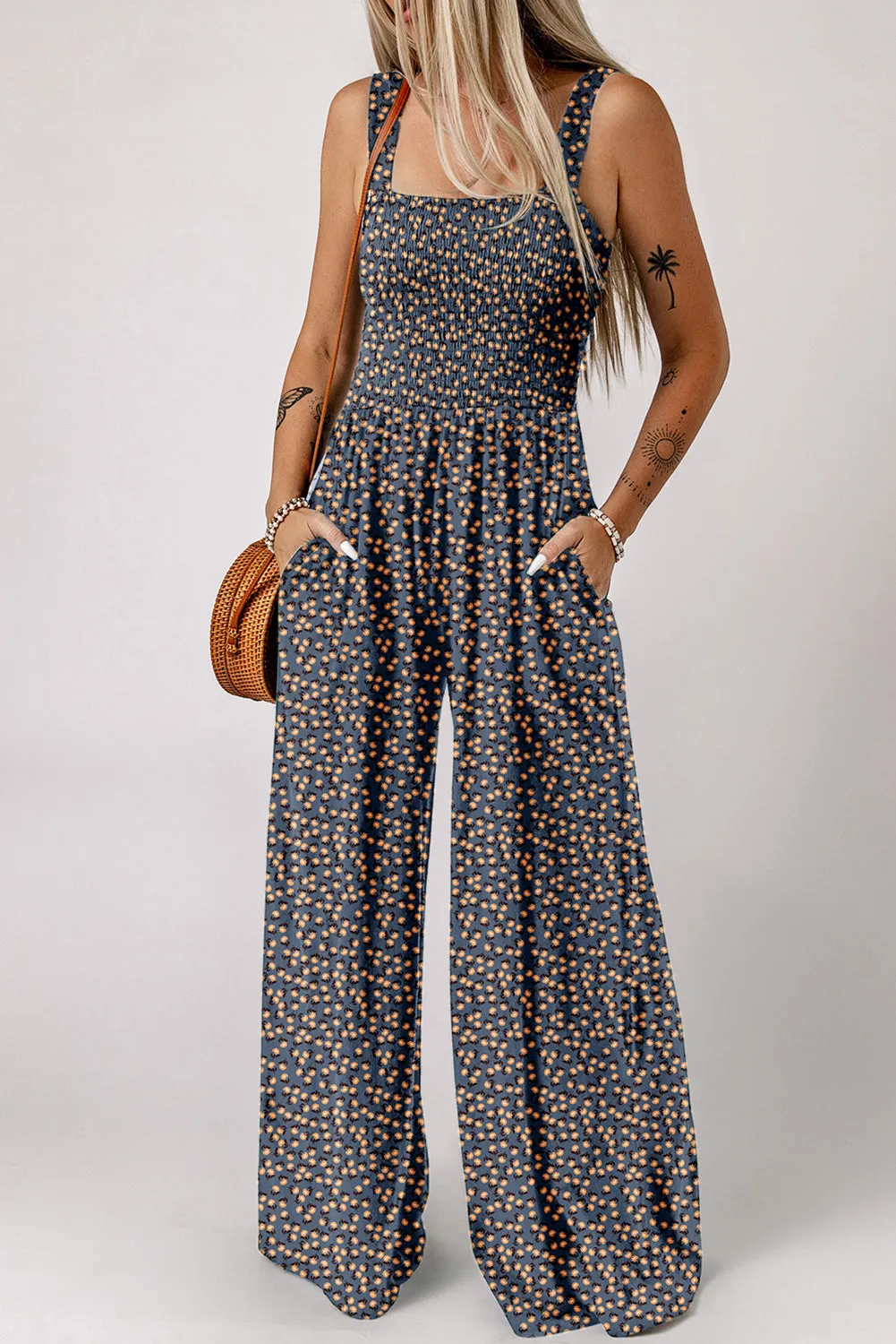 Black Floral Square Neckline Stretch High Waist Jumpsuit sold by Beagle Boutique product image thumbnail 4