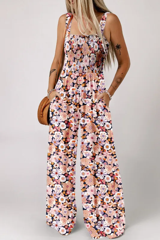 Black Floral Square Neckline Stretch High Waist Jumpsuit sold by Beagle Boutique