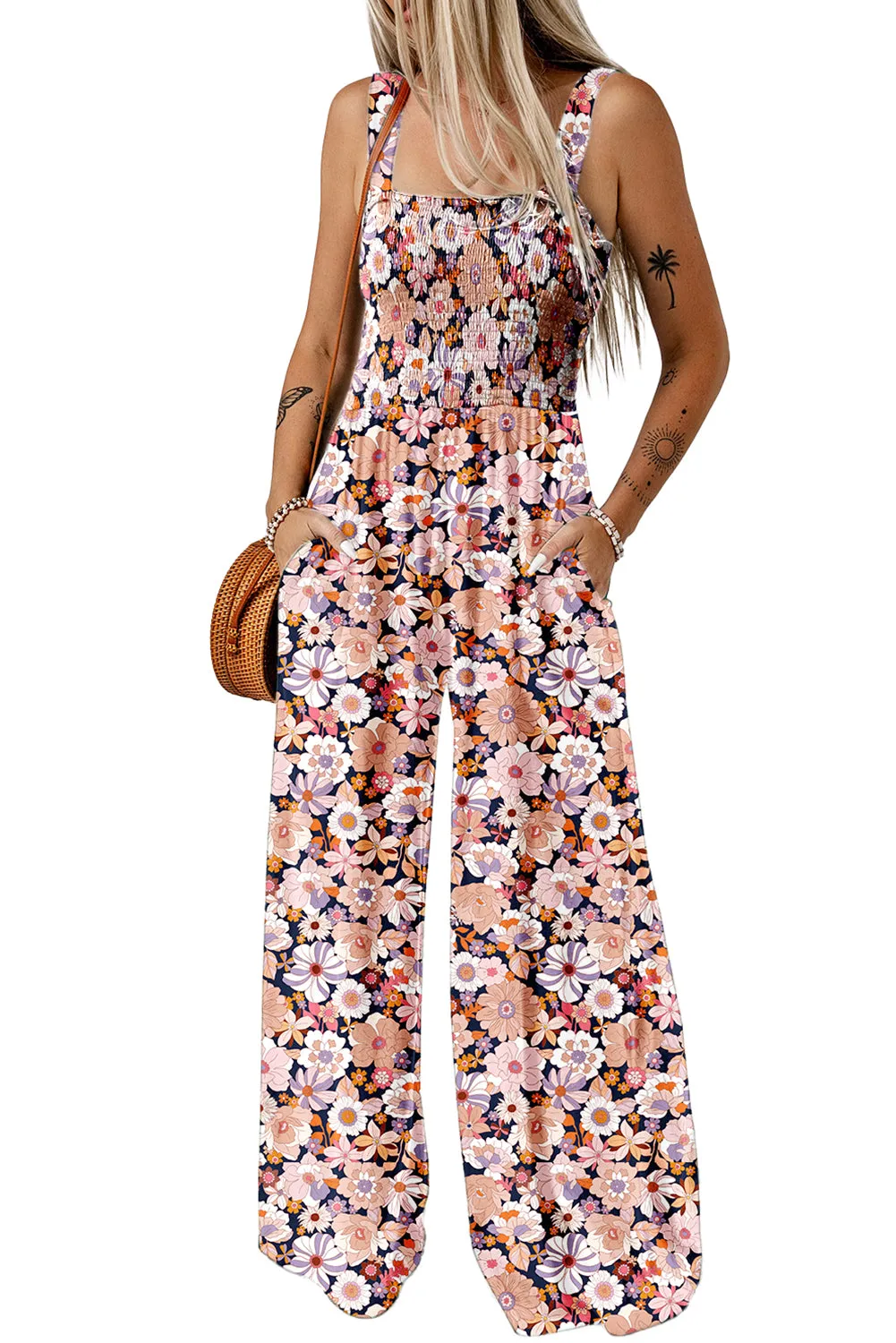 Black Floral Square Neckline Stretch High Waist Jumpsuit sold by Beagle Boutique product image thumbnail 3