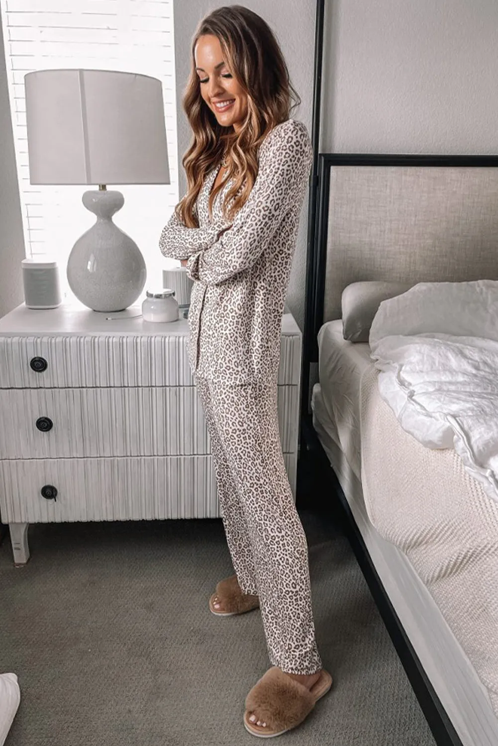 White Allover Leopard Print Long Sleeve and Trousers Pajama Set sold by Beagle Boutique product image thumbnail 2
