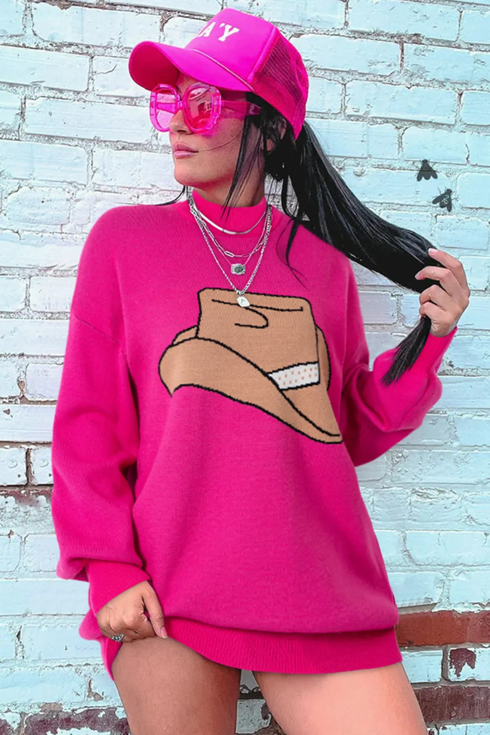 Rose Red YEEHAW Cowboy Hat Drop Shoulder Oversized Sweater sold by Beagle Boutique product image thumbnail 3