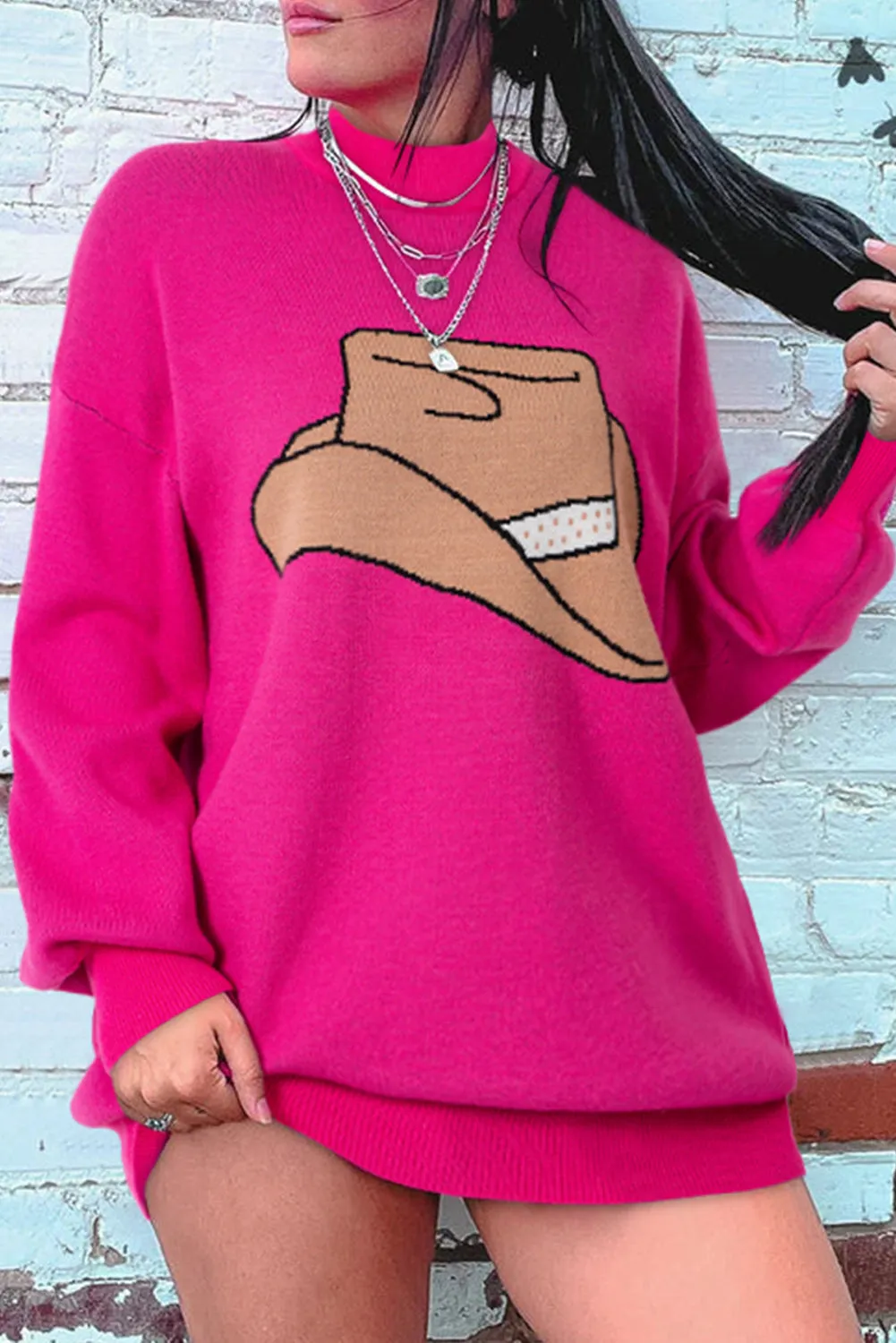 Rose Red YEEHAW Cowboy Hat Drop Shoulder Oversized Sweater sold by Beagle Boutique