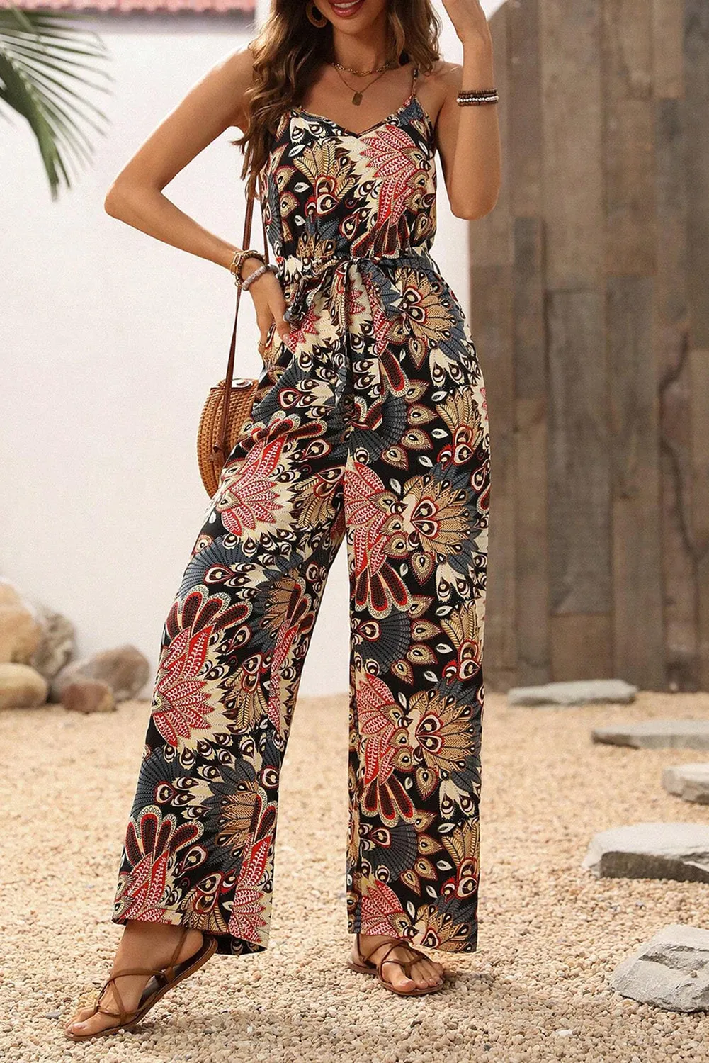 Black Boho Belted Sleeveless Wide Leg Jumpsuit sold by Beagle Boutique