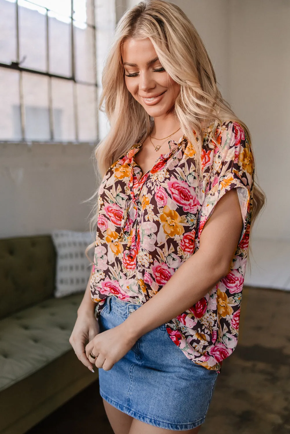 Pink Floral Print Crew Neck Short Sleeve Shift Blouse sold by Beagle Boutique product image thumbnail 3