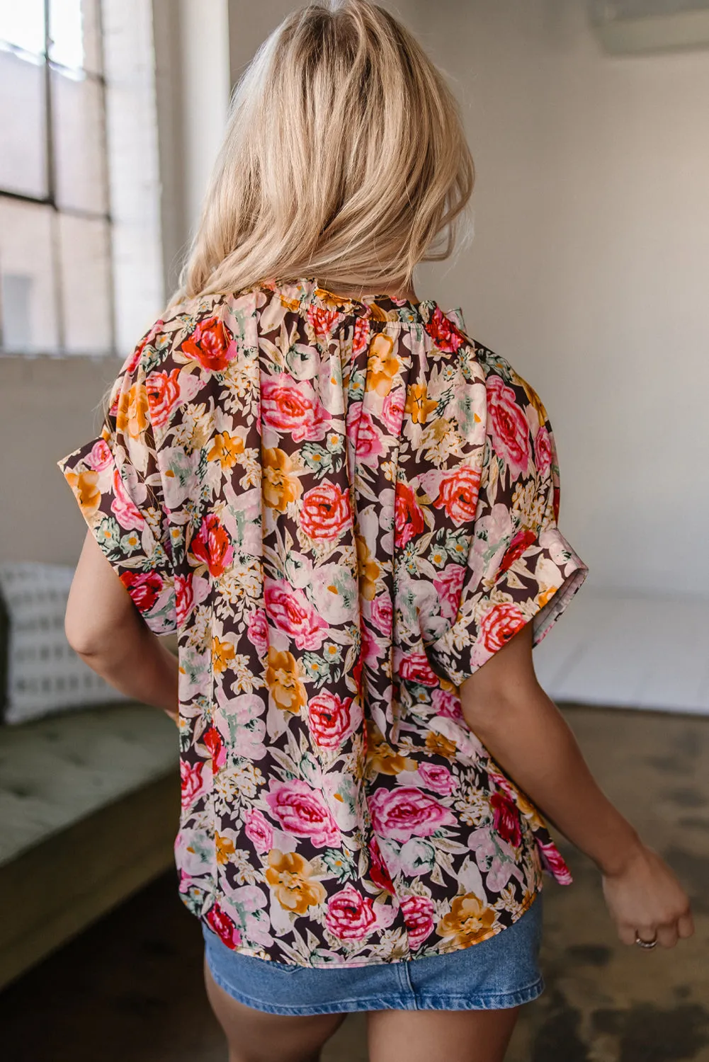 Pink Floral Print Crew Neck Short Sleeve Shift Blouse sold by Beagle Boutique product image thumbnail 2