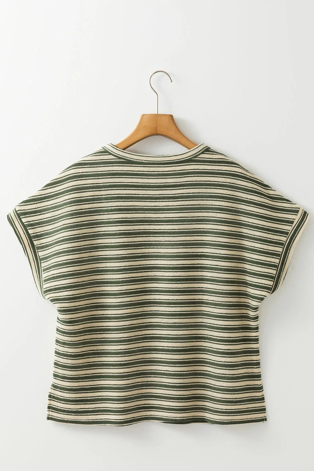 Green Stripe Textured Side Slits Crew Neck T Shirt sold by Beagle Boutique product image thumbnail 5