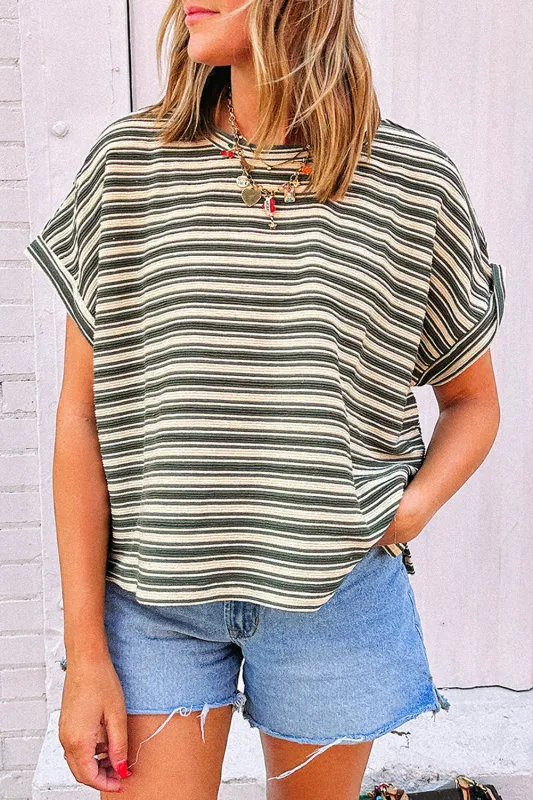 Green Stripe Textured Side Slits Crew Neck T Shirt sold by Beagle Boutique