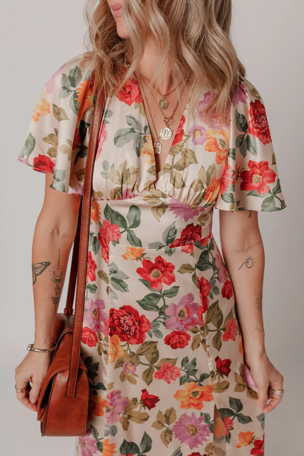 Multicolour Vintage Floral V Neck Short Sleeve Tie Back Long Slit Dress sold by Beagle Boutique product image thumbnail 3