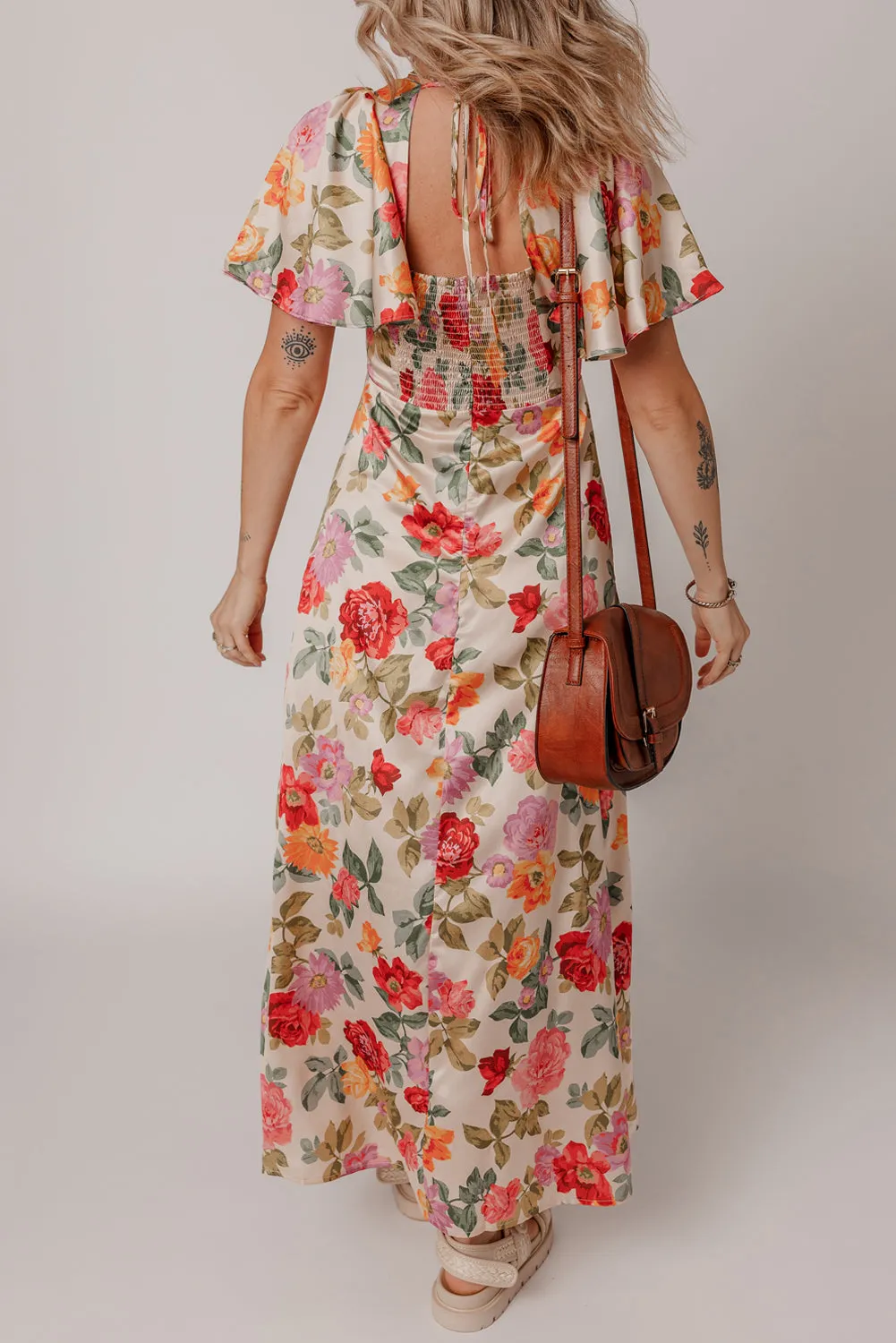 Multicolour Vintage Floral V Neck Short Sleeve Tie Back Long Slit Dress sold by Beagle Boutique product image thumbnail 2