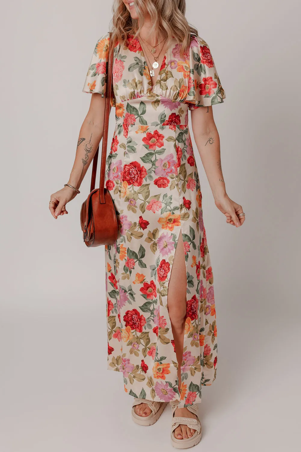 Multicolour Vintage Floral V Neck Short Sleeve Tie Back Long Slit Dress sold by Beagle Boutique