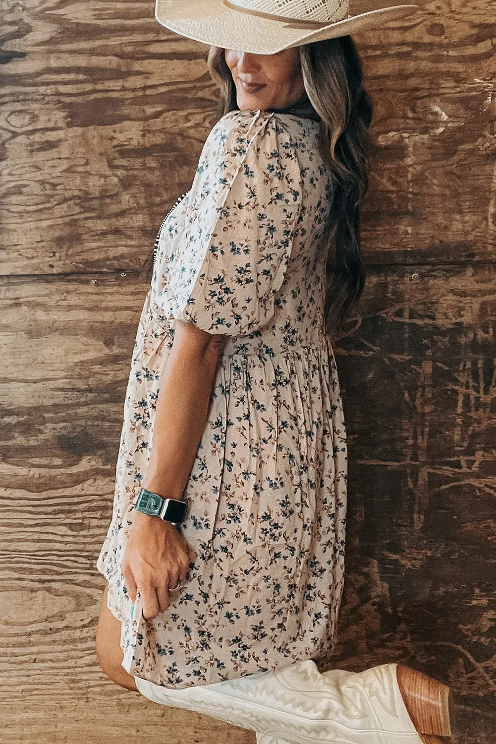 Floral Puff Short Sleeve Empire Waist Mini Dress sold by Beagle Boutique product image thumbnail 2