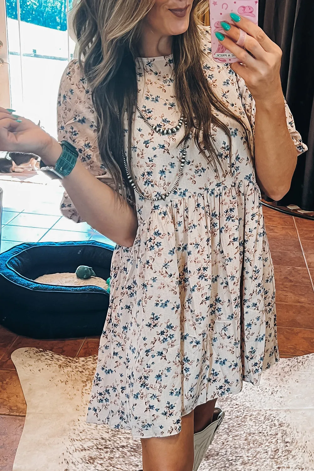 Floral Puff Short Sleeve Empire Waist Mini Dress sold by Beagle Boutique