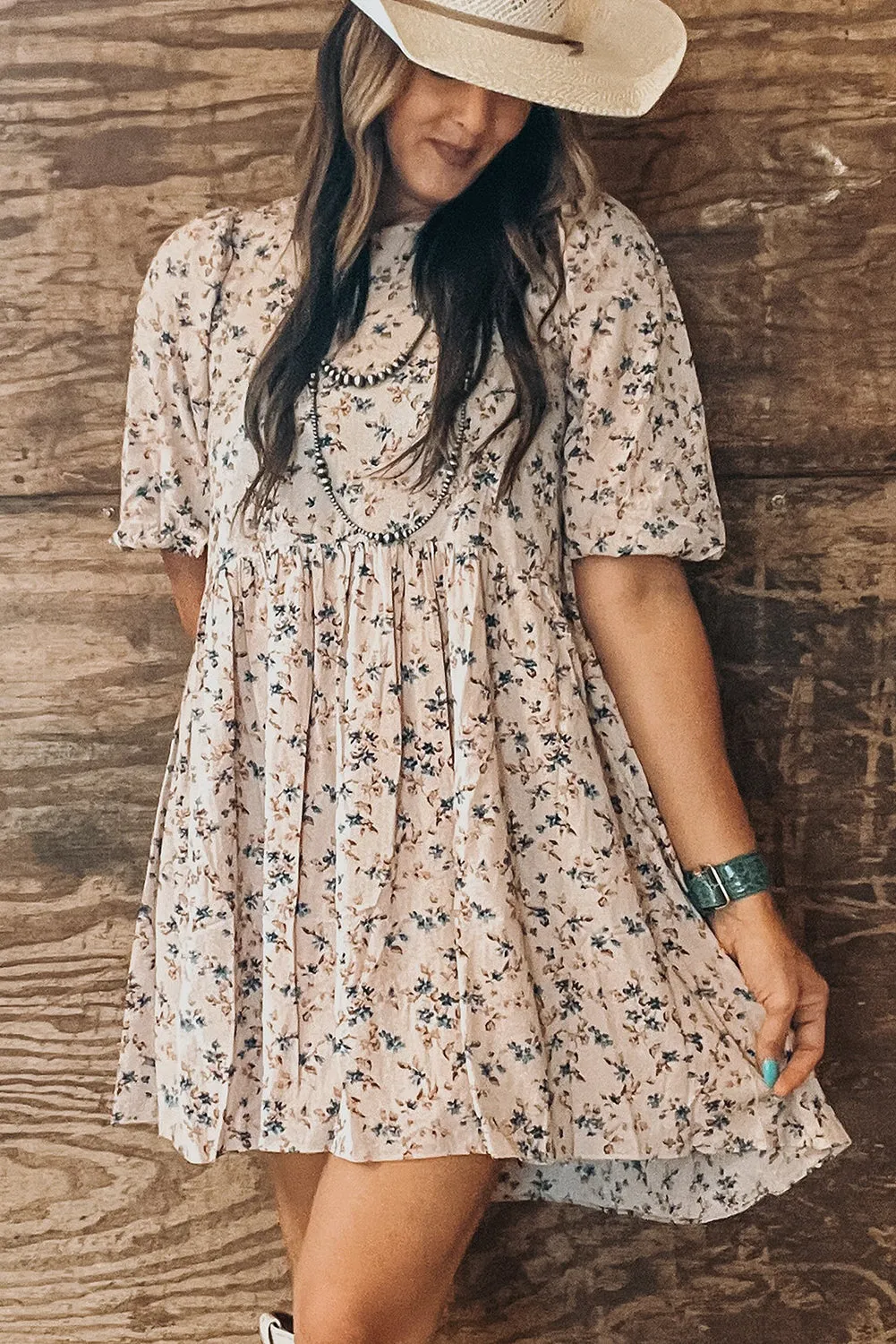 Floral Puff Short Sleeve Empire Waist Mini Dress sold by Beagle Boutique product image thumbnail 3