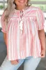 Pink Stripe Plus Size Tassel Tie Frilled Detail Short Sleeve Blouse sold by Beagle Boutique