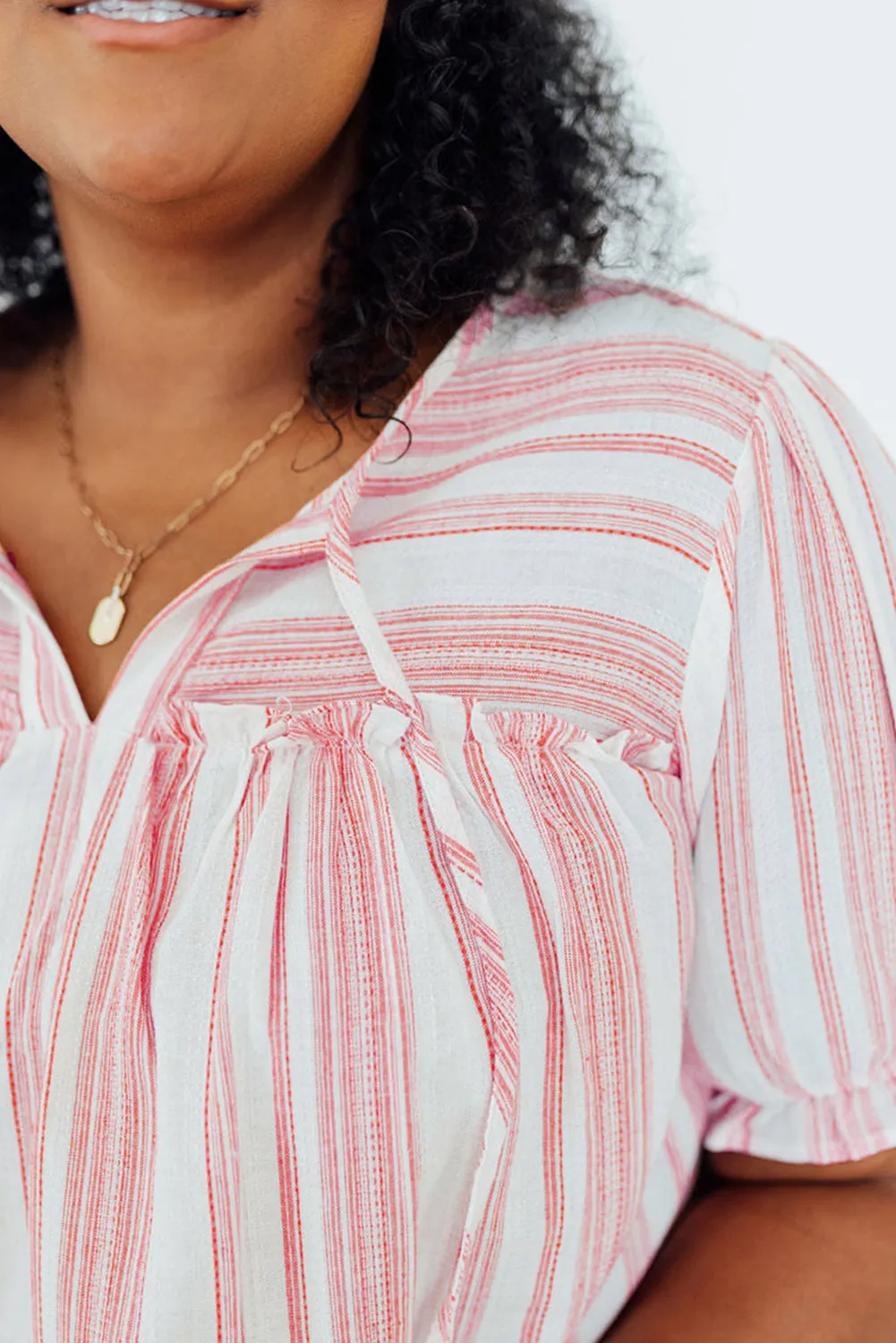 Pink Stripe Plus Size Tassel Tie Frilled Detail Short Sleeve Blouse sold by Beagle Boutique product image thumbnail 4