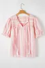 Pink Stripe Plus Size Tassel Tie Frilled Detail Short Sleeve Blouse sold by Beagle Boutique