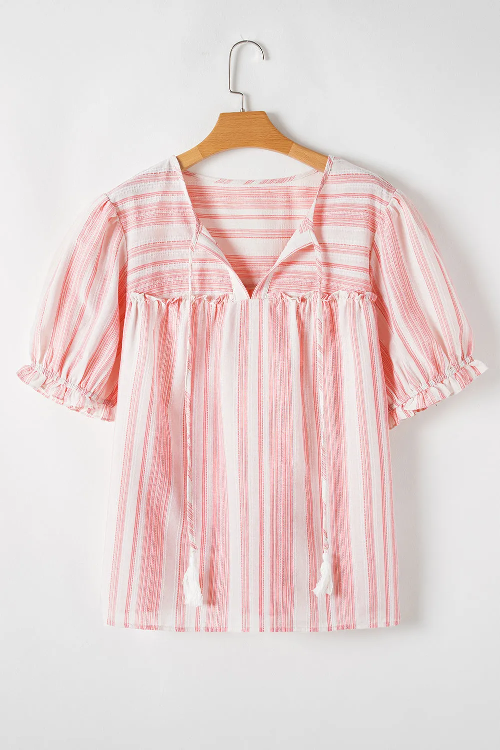 Pink Stripe Plus Size Tassel Tie Frilled Detail Short Sleeve Blouse sold by Beagle Boutique product image thumbnail 5