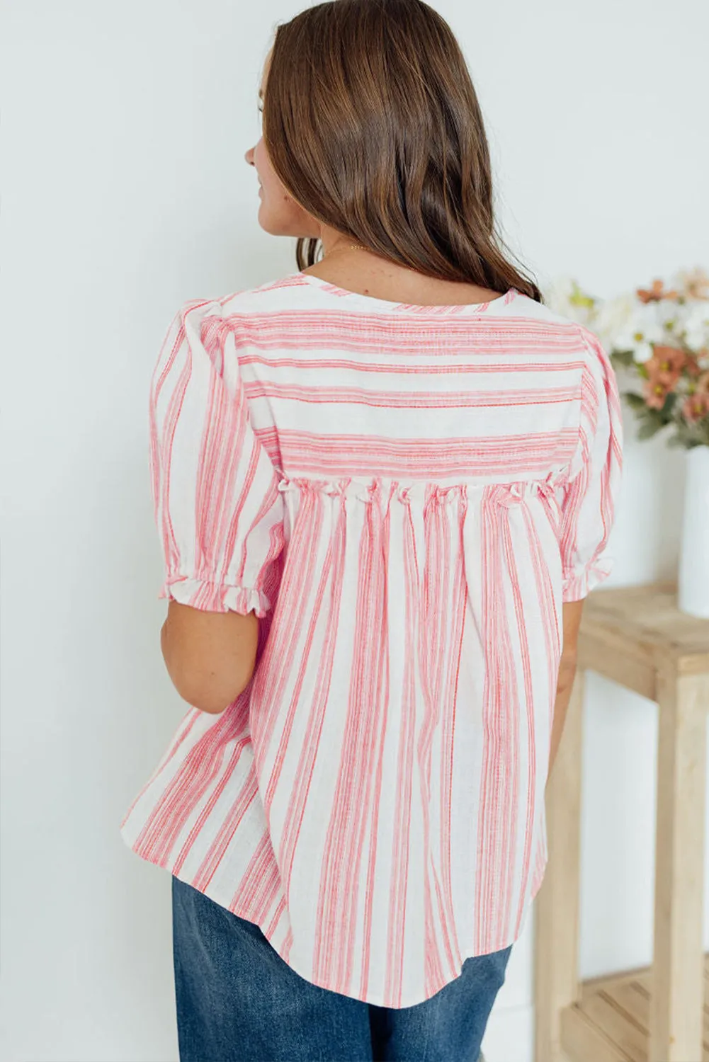 Pink Stripe Plus Size Tassel Tie Frilled Detail Short Sleeve Blouse sold by Beagle Boutique product image thumbnail 2