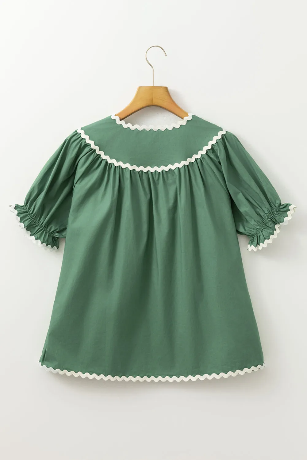 Mist Green Ric Rac Trim Tie Split Neck Short Sleeve Blouse sold by Beagle Boutique product image thumbnail 4