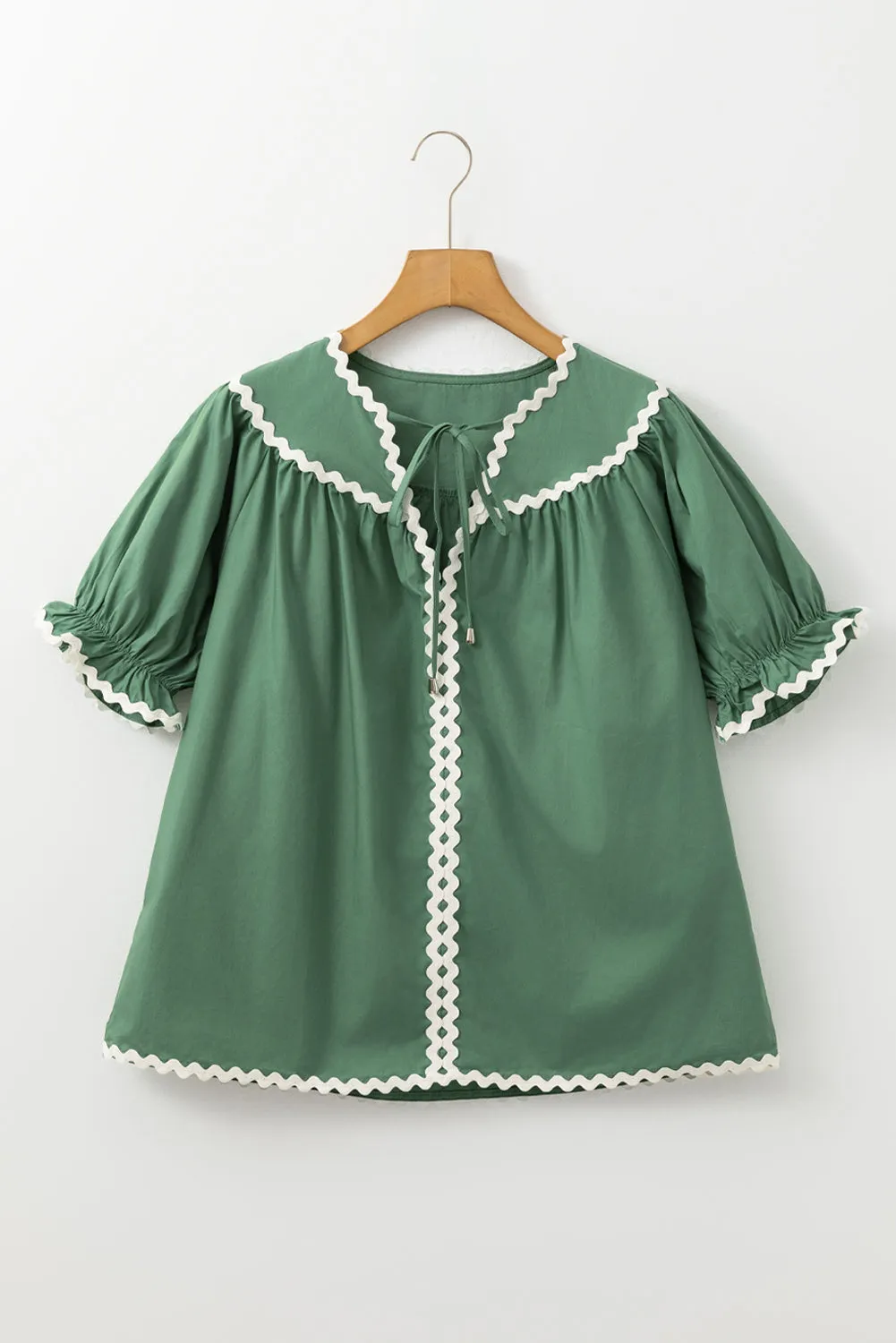 Mist Green Ric Rac Trim Tie Split Neck Short Sleeve Blouse sold by Beagle Boutique product image thumbnail 3