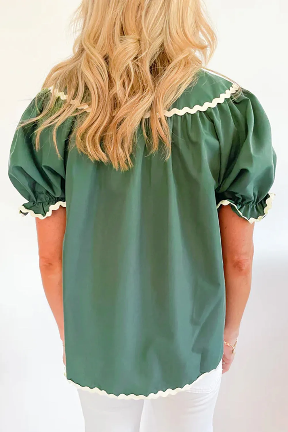 Mist Green Ric Rac Trim Tie Split Neck Short Sleeve Blouse sold by Beagle Boutique product image thumbnail 2