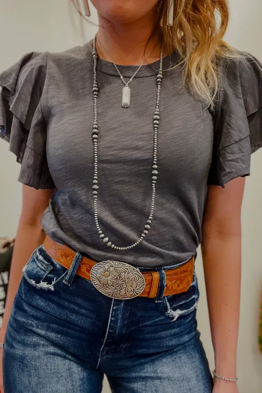 Dark Grey Layered Ruffle Short Sleeve Round Neck Top sold by Beagle Boutique