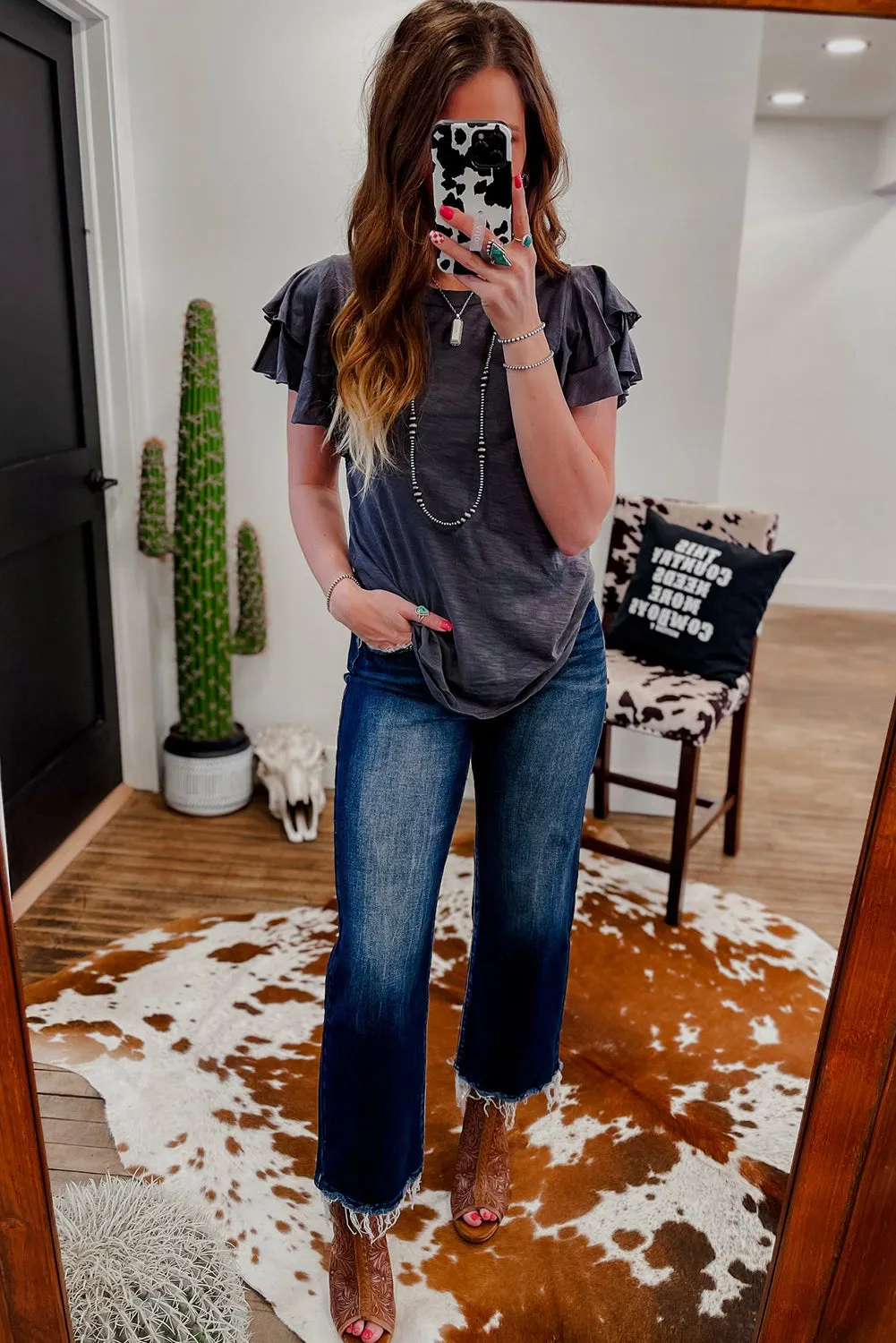 Dark Grey Layered Ruffle Short Sleeve Round Neck Top sold by Beagle Boutique product image thumbnail 3