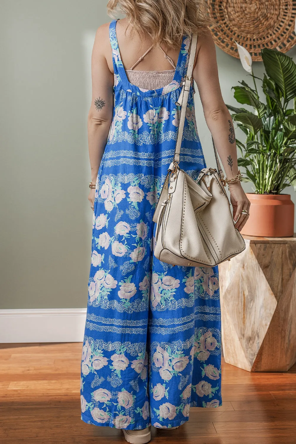 Blue Floral Print Wide Leg Sleeveless Jumpsuit sold by Beagle Boutique product image thumbnail 2