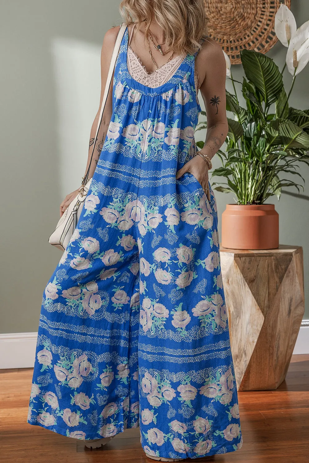 Blue Floral Print Wide Leg Sleeveless Jumpsuit sold by Beagle Boutique product image thumbnail 3