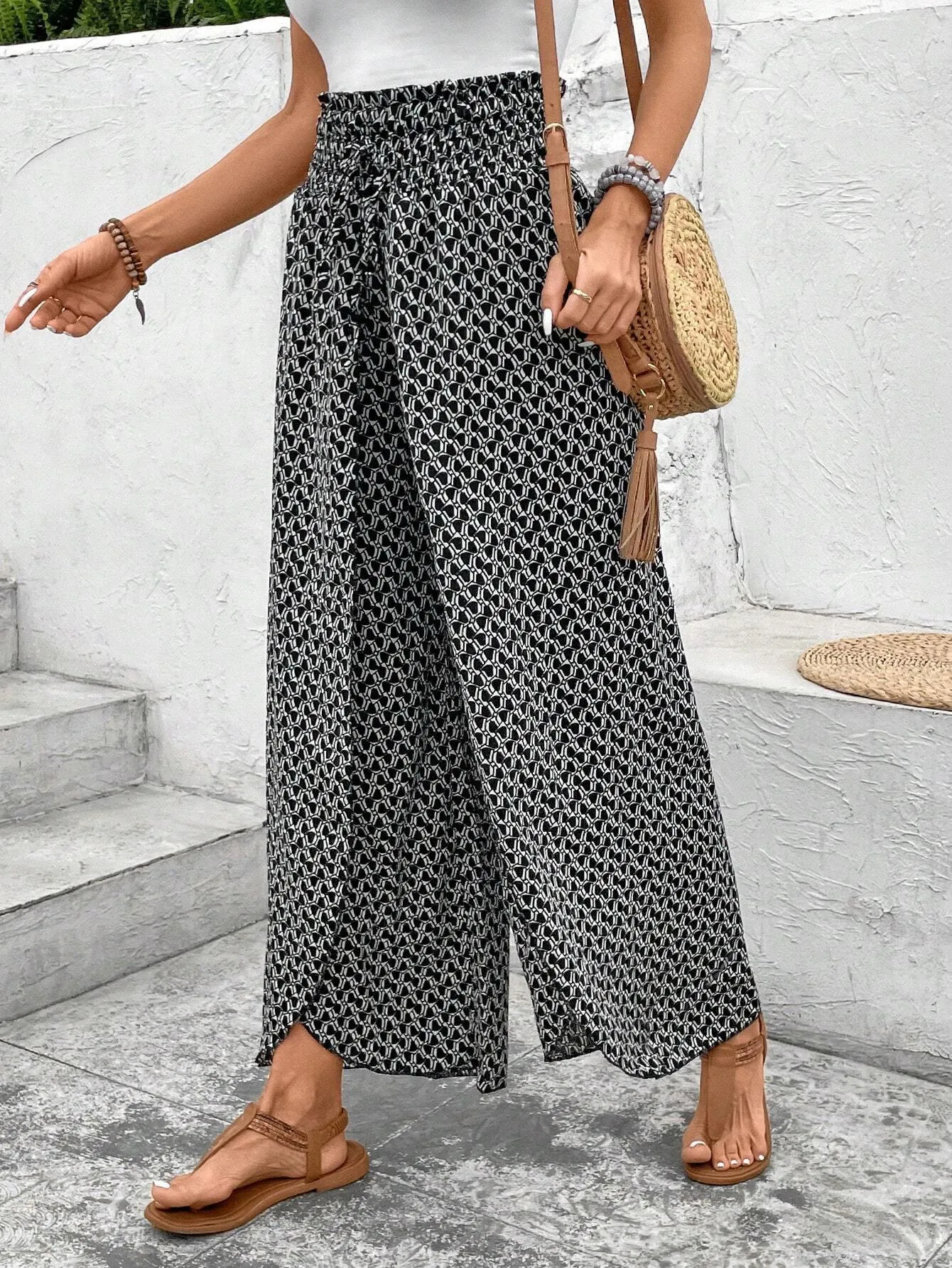 Black Bohemian Print Slit Wide Leg Smocked High Waist Trousers sold by Beagle Boutique product image thumbnail 3