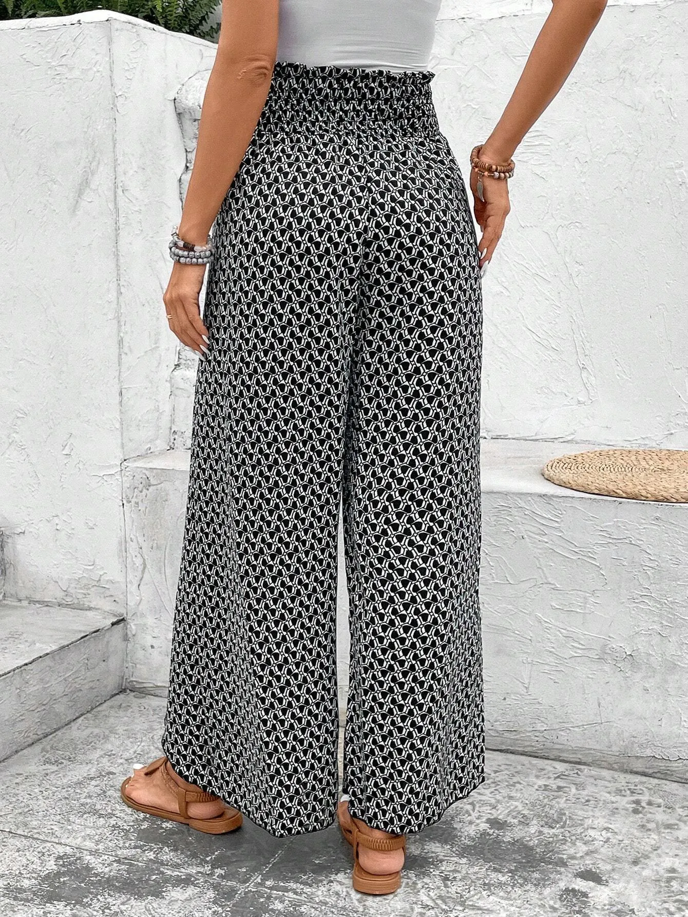 Black Bohemian Print Slit Wide Leg Smocked High Waist Trousers sold by Beagle Boutique product image thumbnail 2