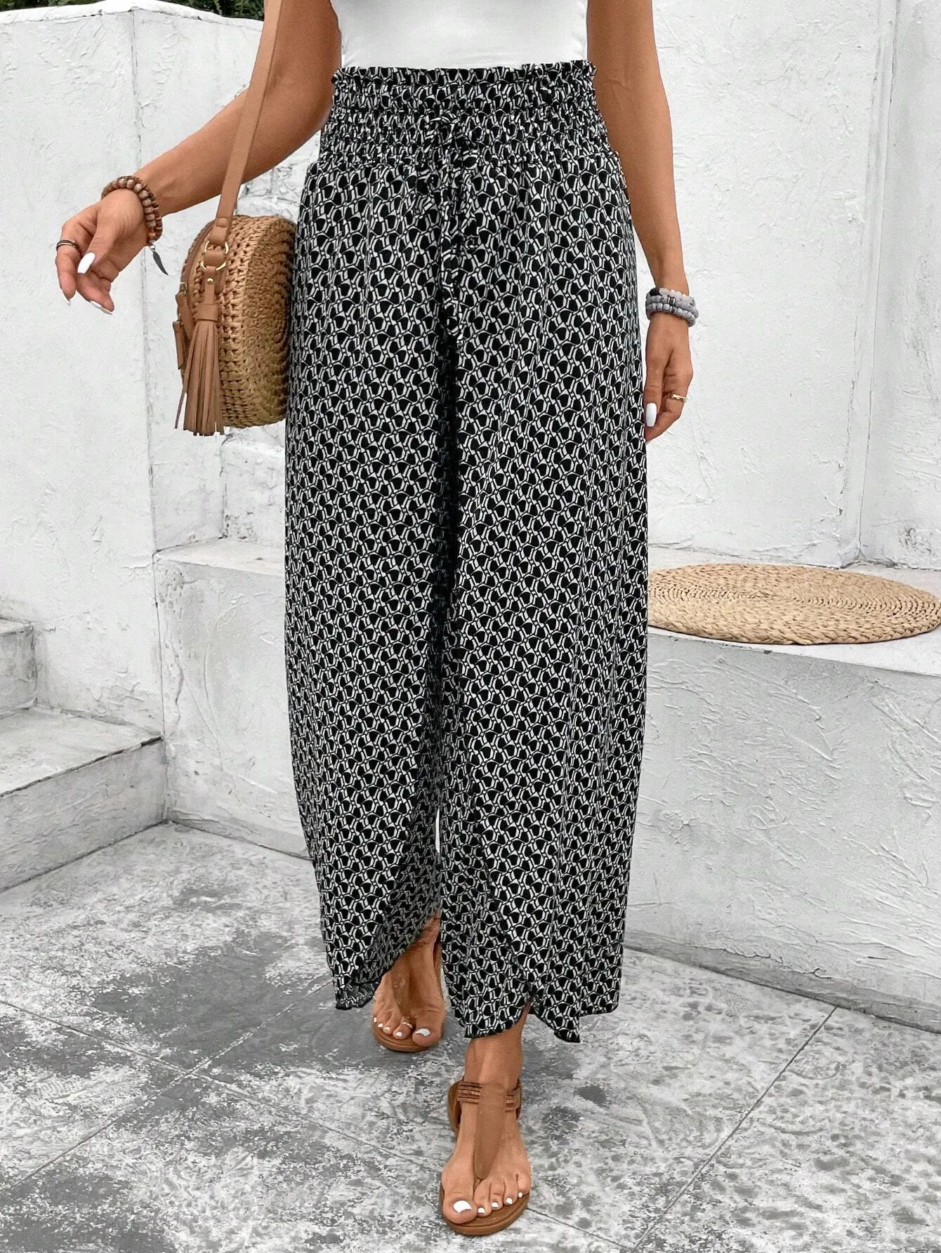 Black Bohemian Print Slit Wide Leg Smocked High Waist Trousers sold by Beagle Boutique