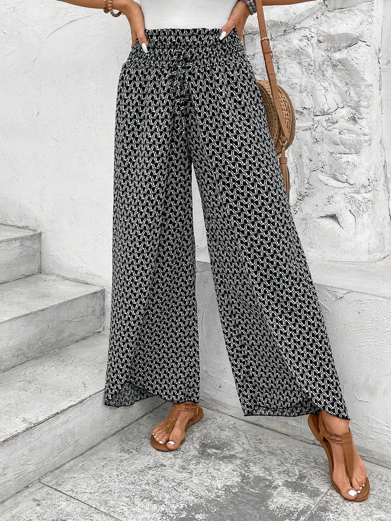 Black Bohemian Print Slit Wide Leg Smocked High Waist Trousers sold by Beagle Boutique product image thumbnail 4