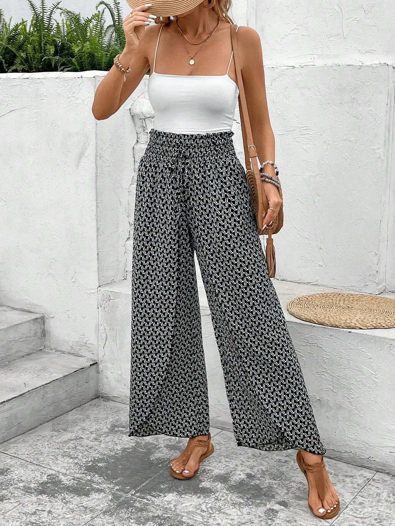 Black Bohemian Print Slit Wide Leg Smocked High Waist Trousers sold by Beagle Boutique product image thumbnail 5