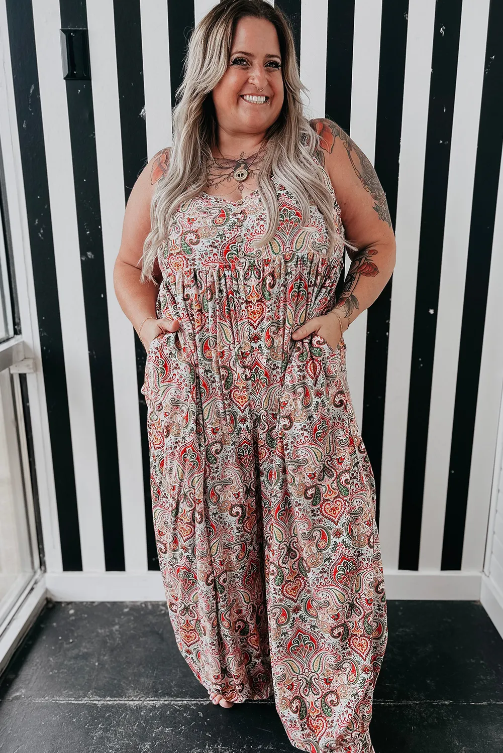 Multicolour Plus Size Paisley Print Sleeveless V Neck Jogger Jumpsuit sold by Beagle Boutique product image thumbnail 5