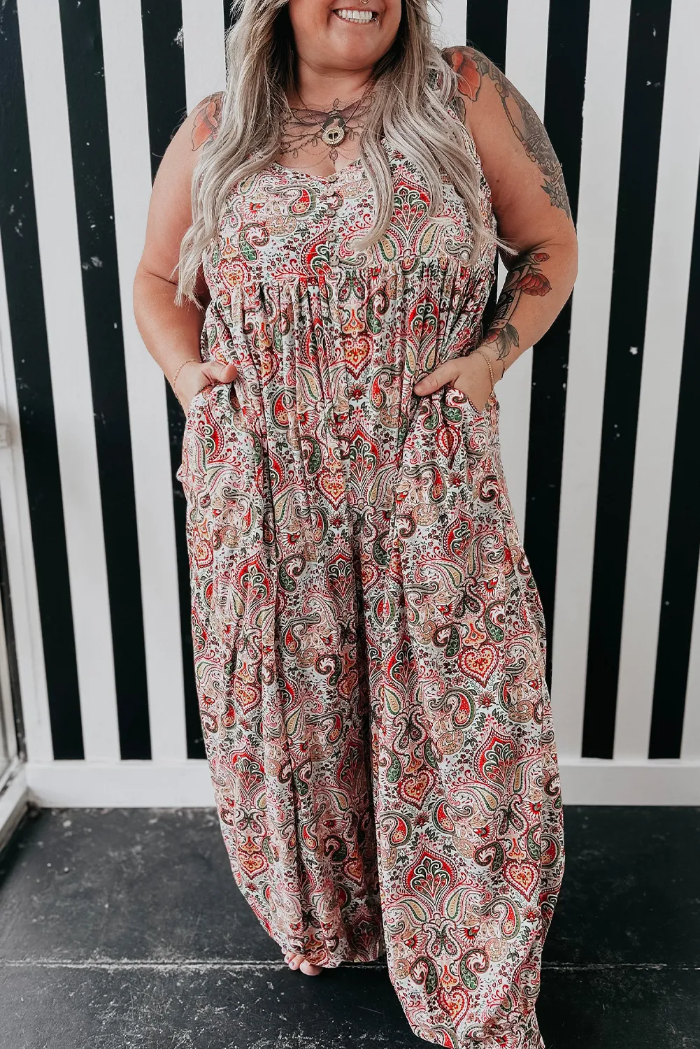 Multicolour Plus Size Paisley Print Sleeveless V Neck Jogger Jumpsuit sold by Beagle Boutique product image thumbnail 4