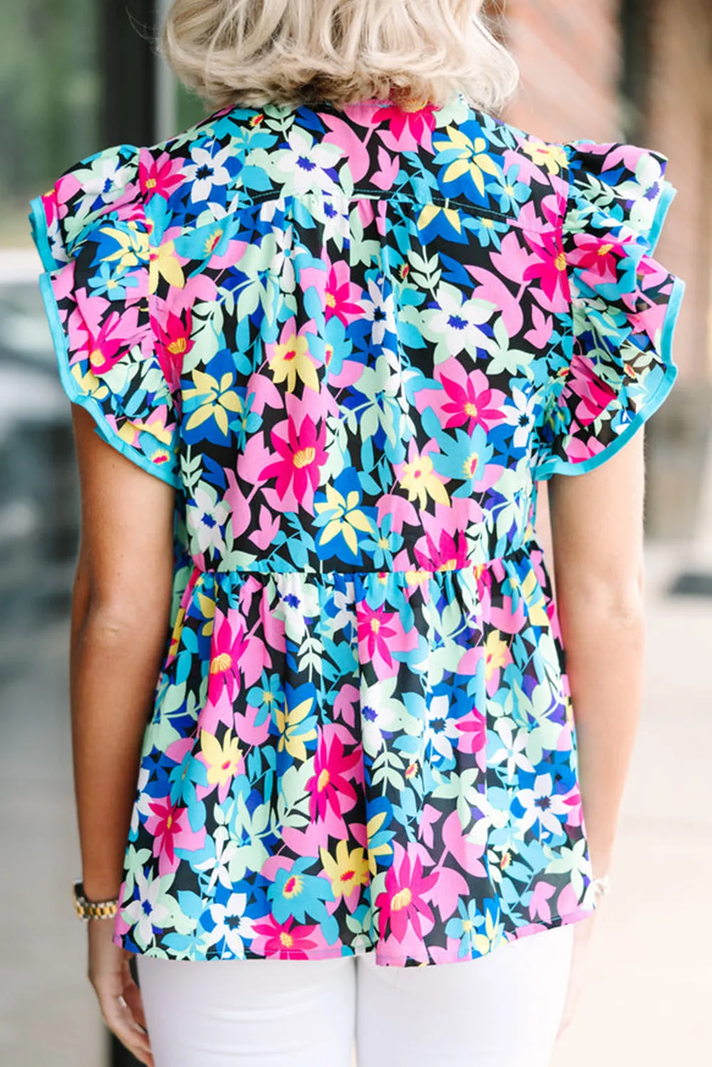 Blue Floral Flutter Sleeve Tied Notched Neck Plus Size Blouse sold by Beagle Boutique product image thumbnail 2