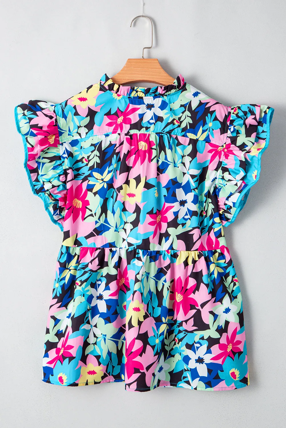 Blue Floral Flutter Sleeve Tied Notched Neck Plus Size Blouse sold by Beagle Boutique product image thumbnail 5
