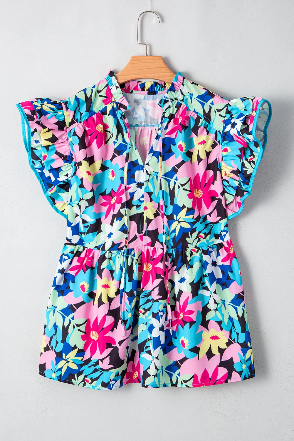 Blue Floral Flutter Sleeve Tied Notched Neck Plus Size Blouse sold by Beagle Boutique product image thumbnail 4