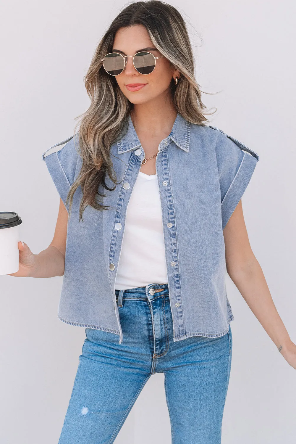 Dusk Blue Denim Pinup Folded Cap Sleeve Shirt sold by Beagle Boutique