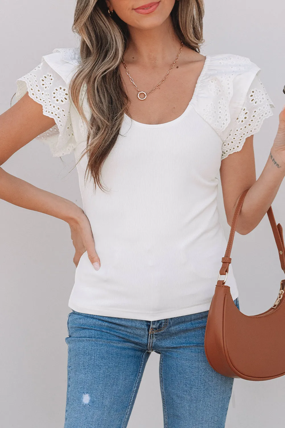 White Eyelet Ruffle Sleeve Slim Fitted Top sold by Beagle Boutique product image thumbnail 5