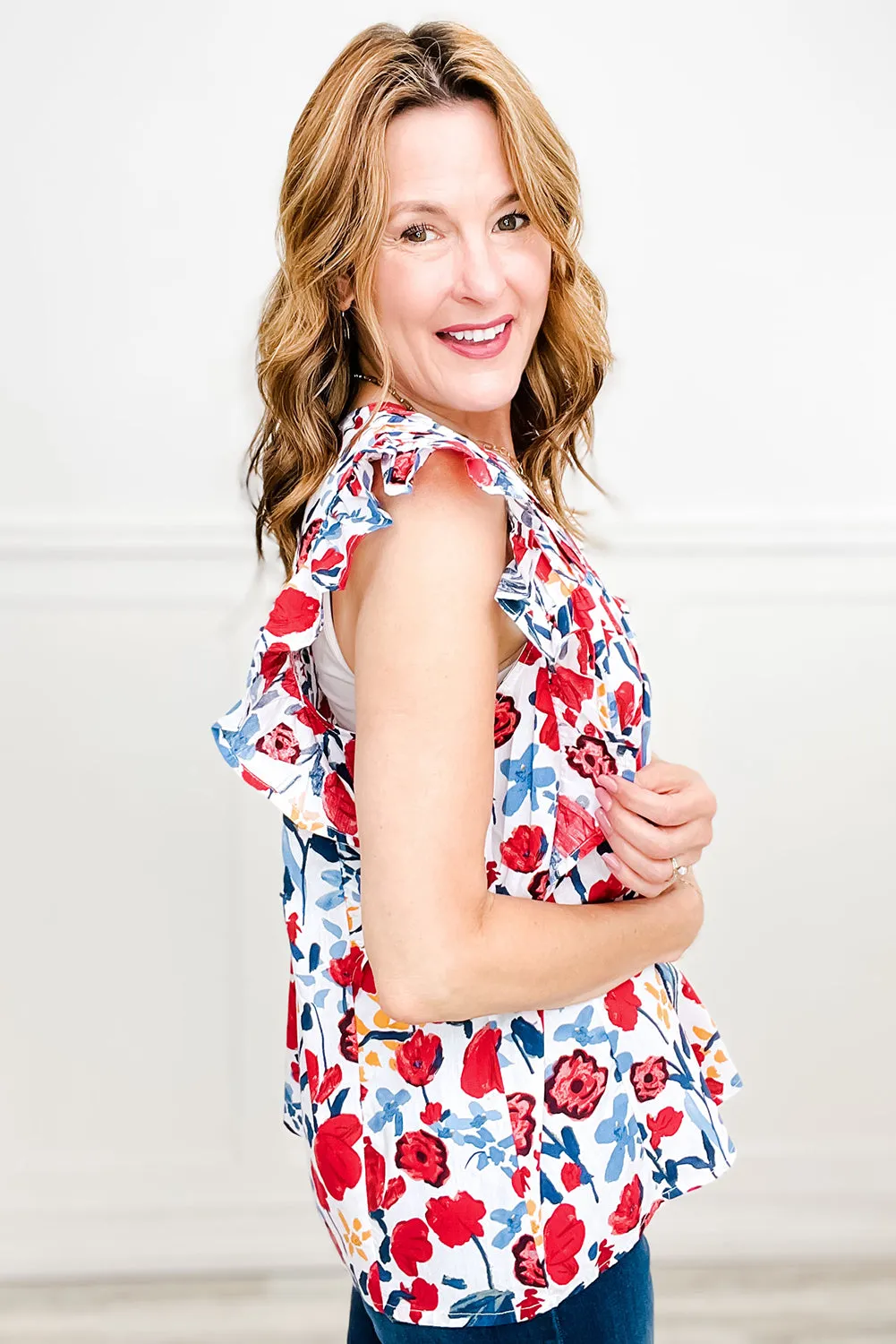 Red Flowers Pintuck Detail V-Neck Ruffled Sleeve Top sold by Beagle Boutique product image thumbnail 3