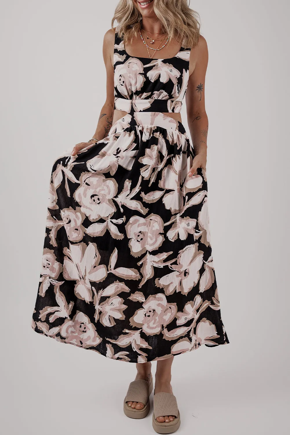 Black Floral Cutout Square Neck Knot Back Sleeveless Maxi Dress sold by Beagle Boutique